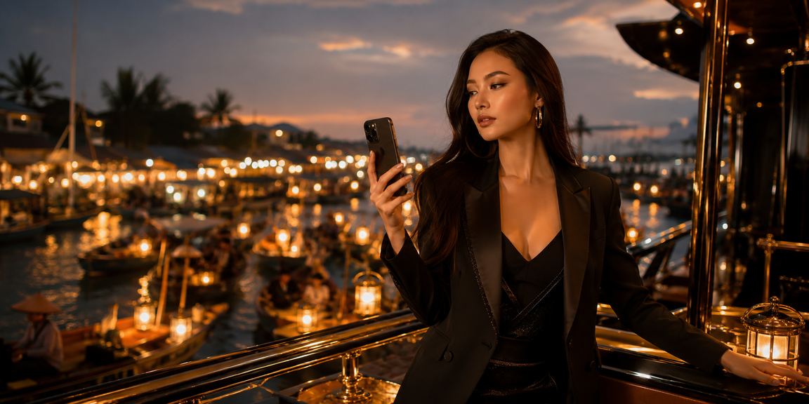 Người dùng trải nghiệm casino di động tại bãi biển Mũi Né trong ánh nắng buổi chiều